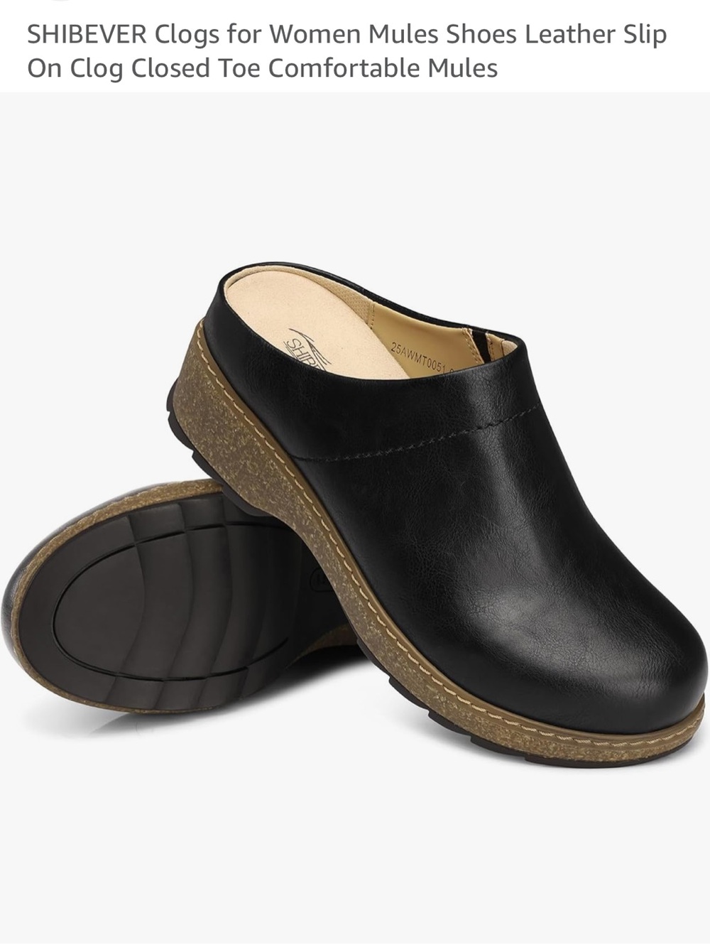 SHIBEVER Black Leather Slip-On Clogs with Cork-Look Sole